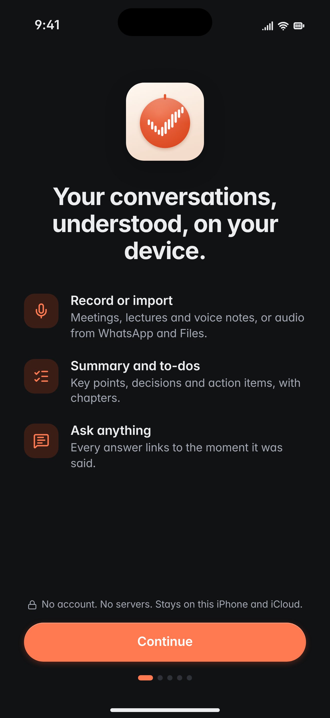 iPhone onboarding, dark.