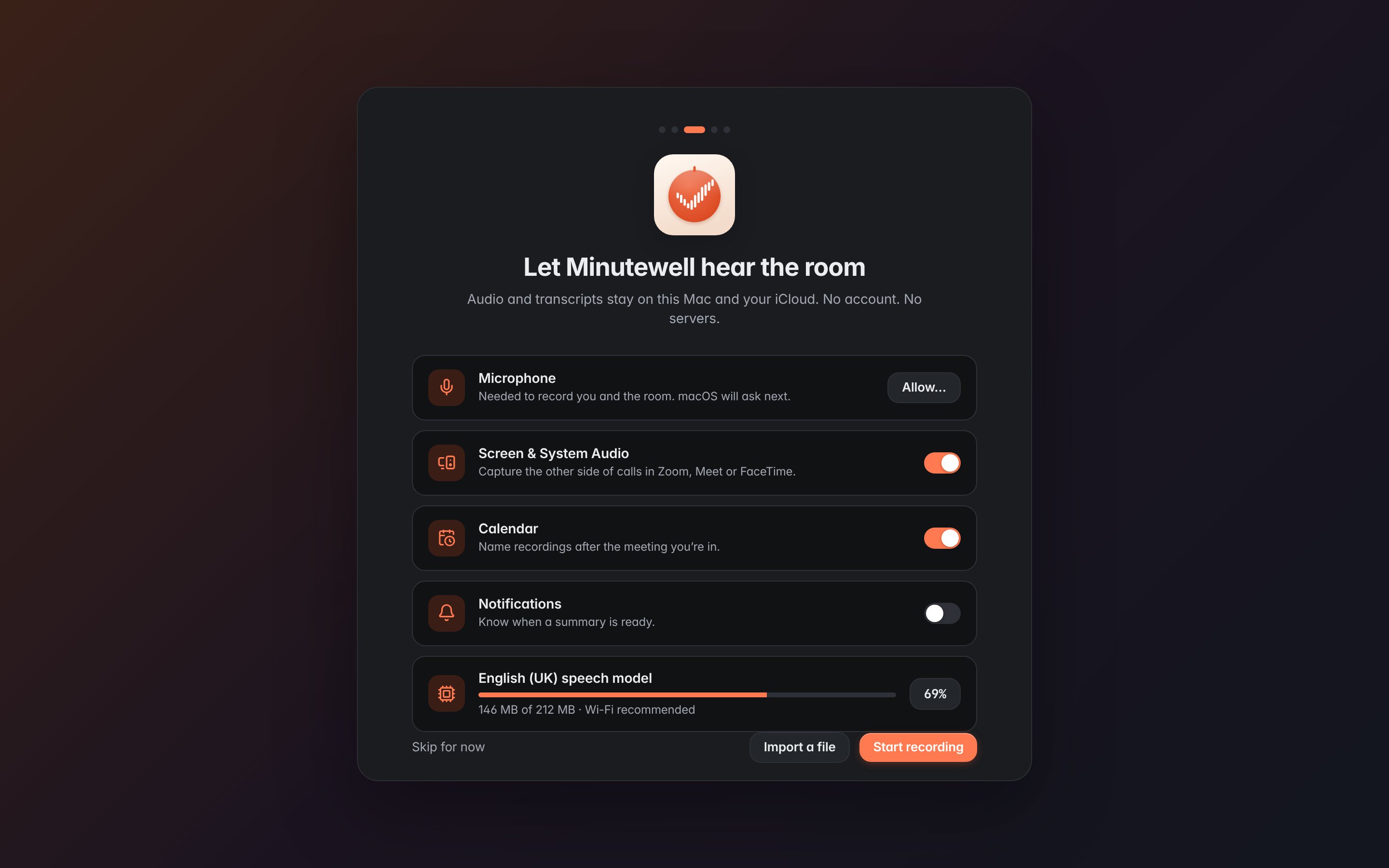 Mac onboarding, dark.